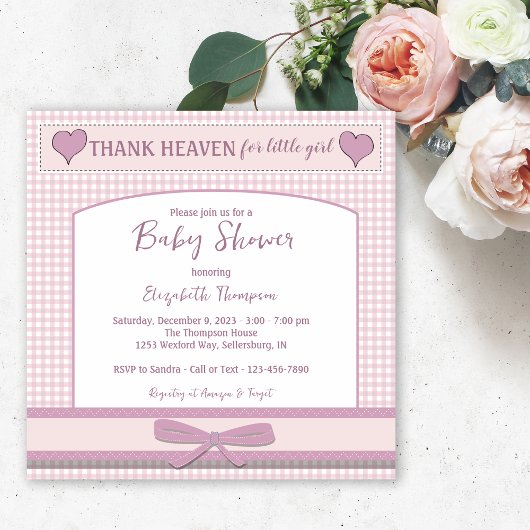 Schattige roze gingham meisje Baby shower Kaart