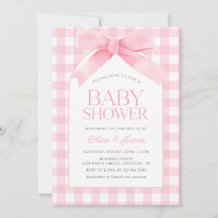 Schattige roze gingham met boog meisje Baby shower Kaart