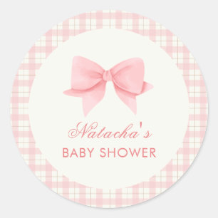 Schattige Roze Gingham Plaid Bow Meisje Baby showe Ronde Sticker
