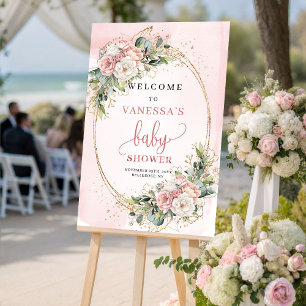Schattige Roze Gouden Bloemige Eucalyptus Baby Sho Poster