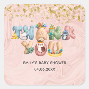 Schattige Roze Gouden Marmer Baby Shower Dier Dank Vierkante Sticker
