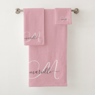 Schattige roze grijs monogram scriptnaam elegant bad handdoek