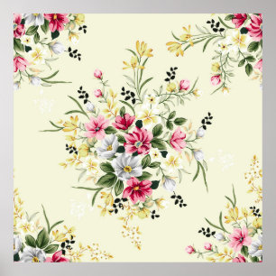 schattige roze grijze en gele bloemen met groen ve poster