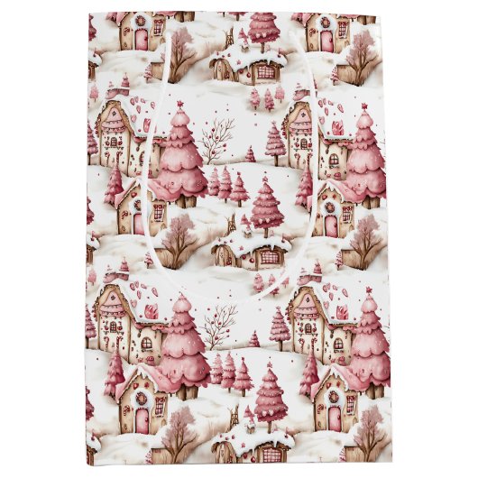 Schattige roze grillig besneeuwd kerstpatroon medium cadeauzakje (Voorkant)