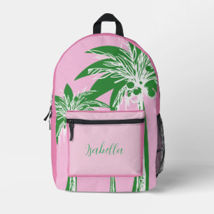 Schattige Roze Groen Preppy Palm Tree Monogram Naa Bedrukte Rugzak
