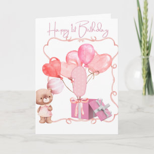 Schattige roze Happy 1st Birthday Kaart