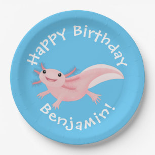 Schattige roze happy axolotl gepersonaliseerde ver papieren bordje