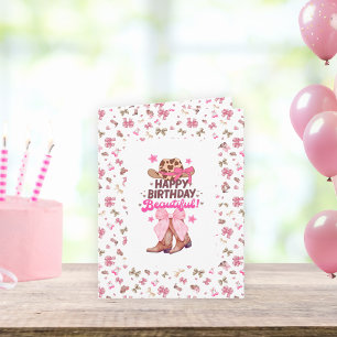 Schattige roze Happy Birthday Mooie Cowgirl Opgevo Kaart