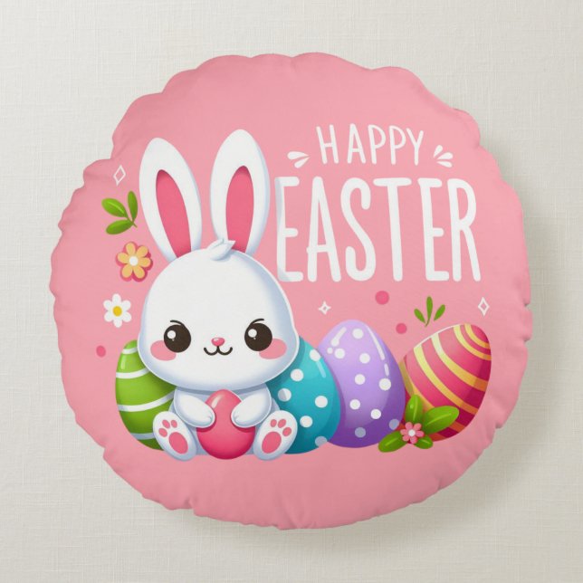 Schattige, roze Happy Easter bunny Rond Kussen (Voorkant)