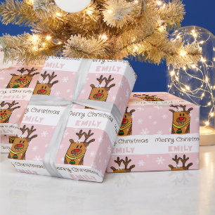 Schattige Roze Hert Tekening Sneeuwvlokken Meisje Cadeaupapier