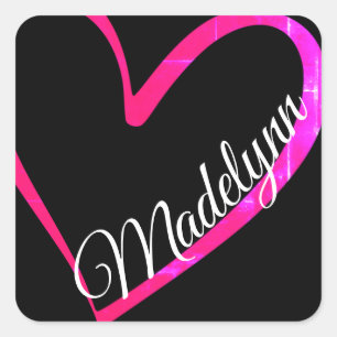 Schattige Roze Kalligrafie Hart op Zwart Custom Na Vierkante Sticker