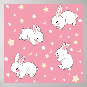 Schattige Roze Kawaii Konijn Doodle Poster