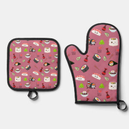 Schattige Roze Kawaii Sushi Patterned Ovenwant & Pannenlap Set