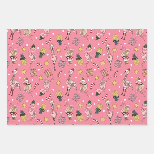 Schattige roze kerstflamingo en ananaspatroon inpakpapier vel (Voorkant)