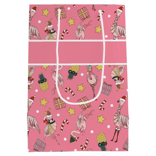 Schattige roze kerstflamingo en ananaspatroon medium cadeauzakje (Achterkant)