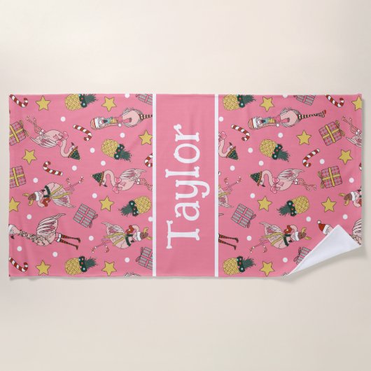 Schattige roze kerstflamingo en ananaspatroon strandlaken (Voorkant)