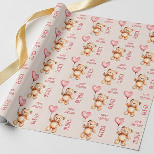 Schattige Roze Kinderen Naam Waterverf Beer Gelukk Cadeaupapier