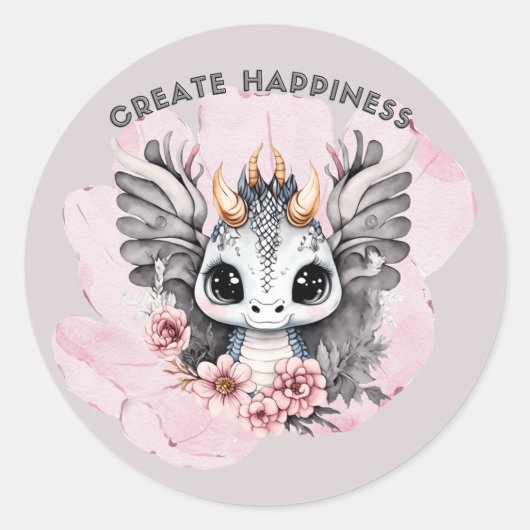 Schattige roze kleine draak "Creëer Happiness" Ronde Sticker (Voorkant)