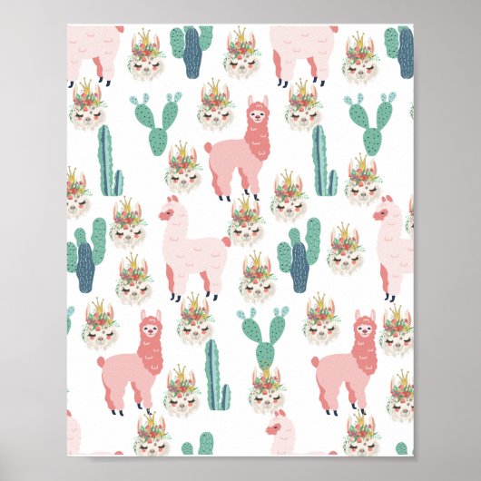 Schattige Roze Lama's en Groene Cactus Poster (Voorkant)