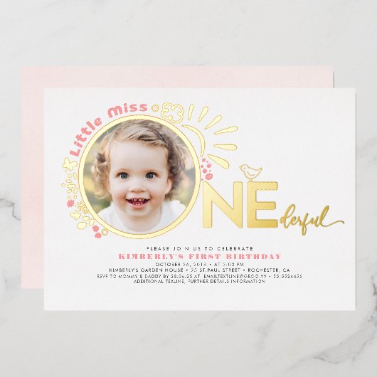 Schattige Roze Little Miss Onederful 1e Verjaardag Folie Uitnodiging (Voorkant / Achterkant)