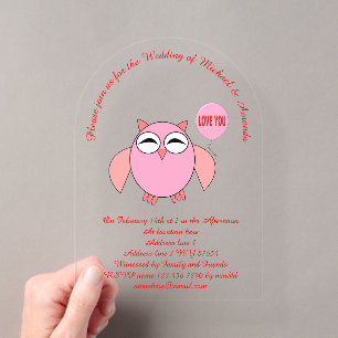 Schattige Roze Love You Uil Aangepaste Trouwdag Acryl Uitnodigingen