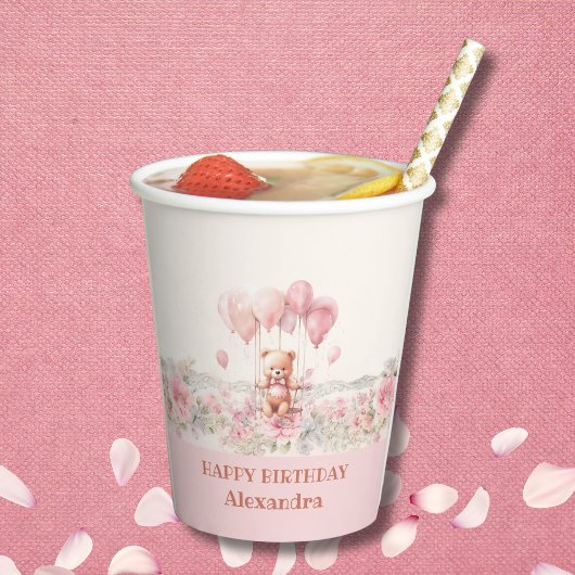 Schattige Roze Meisje Teddy Verjaardagsfeest Papieren Bekers
