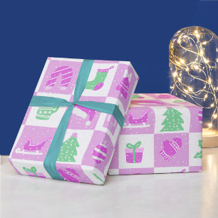 Schattige Roze Meisjes Kerstsneeuw Raster Cadeaupapier