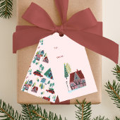 Schattige Roze Noords skidorp Kerstfeest Cadeaulabel