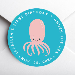 Schattige Roze Octopus Onder de Zee 1e Verjaardag  Ronde Sticker