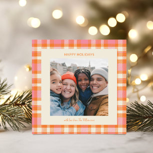Schattige Roze Oranje Retro Gestreepte Kerst Foto Feestdagenkaart