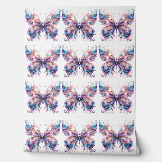 Schattige roze & Paarse Patroon Vlinders Wallpaper Behang (Afrollen)