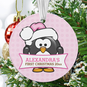 Schattige Roze Pinguïn Baby's 1e Kerstmis Ornament