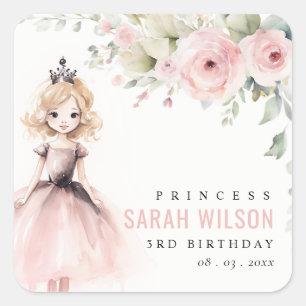 Schattige Roze Prinses Roos Bloemige Verjaardag Vierkante Sticker