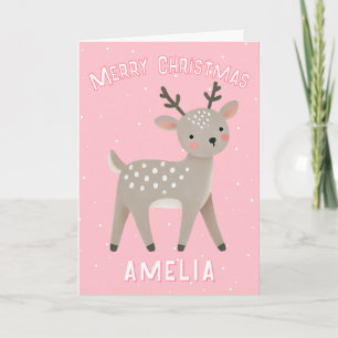 Schattige Roze Rendier Kind Naam Prettig Kerstfees Kaart