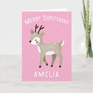 Schattige Roze Rendier Kind Naam Prettig Kerstfees Kaart