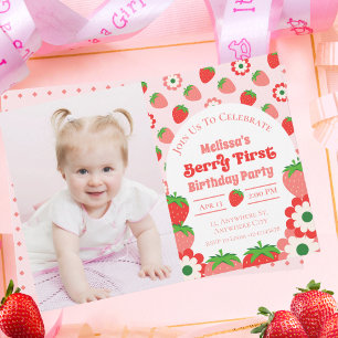 Schattige Roze Rode bessen Eerste Verjaardag Foto Kaart