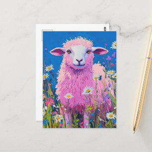 Schattige Roze Schaap in de Bloemen Briefkaart