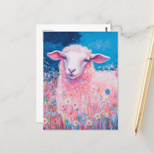 Schattige Roze Schaap in de Bloemen Briefkaart