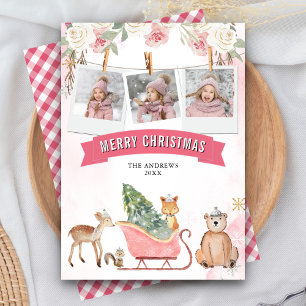 Schattige Roze Slee Bosdieren Foto Kerstmis Feestdagenkaart