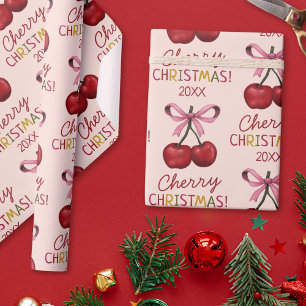 Schattige roze strik en rode kersen kerstpatroon cadeaupapier