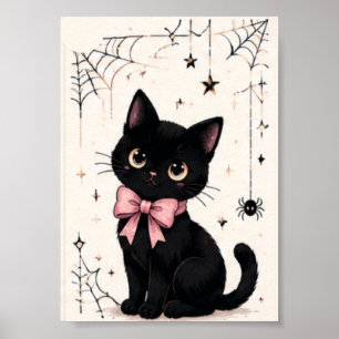 Schattige Roze Strik Spinnenweb Zwart Kat Poster