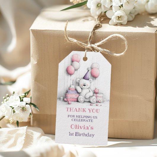 Schattige Roze Teddybeer 1e Verjaardag Bedankt Cadeaulabel