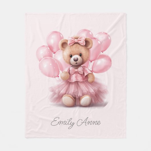 Schattige roze teddybeer ballonnen kindernaam fleece deken (Voorkant)