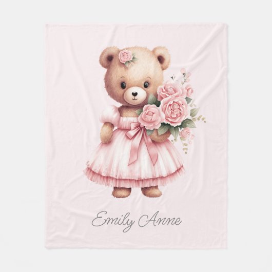 Schattige roze teddybeer bloeit kindernaam fleece deken (Voorkant)
