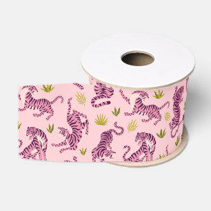 Schattige Roze Tijgers Tropische Bladeren Abstract Grosgrain Lint