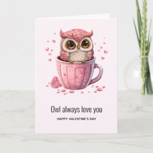 Schattige Roze Uil in een Beker Valentijnsdag Kaart