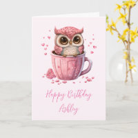Schattige Roze Uil in een Beker Verjaardag