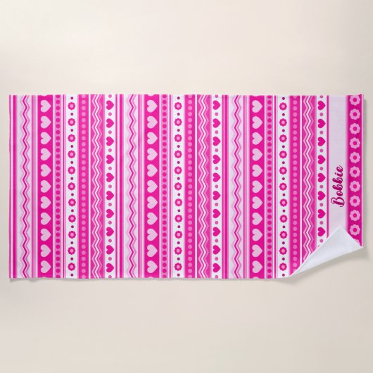 Schattige Roze Valentijn's Day Hart en Bloemen Gir Strandlaken (Voorkant)