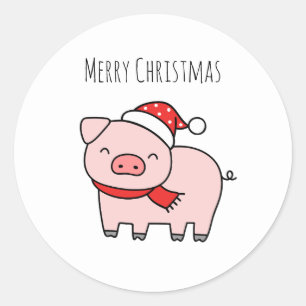 Schattige roze varken vrolijk kerstminimalist ronde sticker