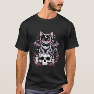 Schattige Roze Vleermuis Kat Zittend Op Schedel Sk T-shirt